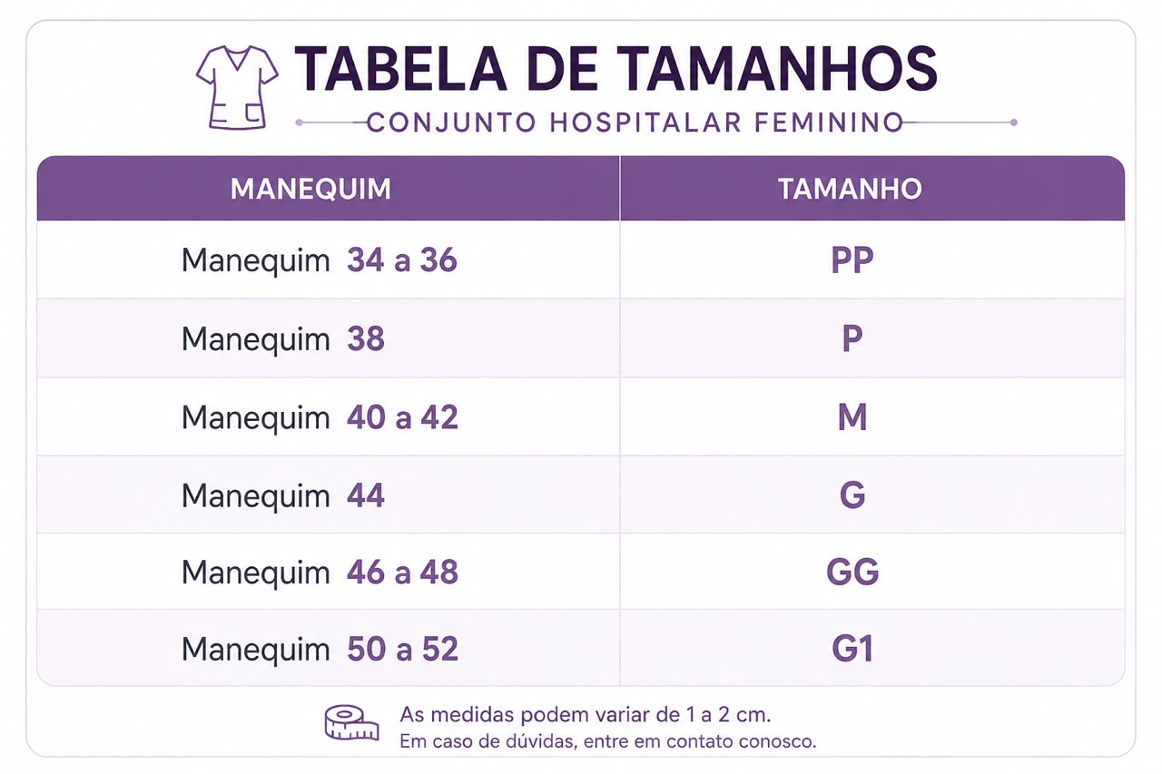 Tabela de tamanho Scrub