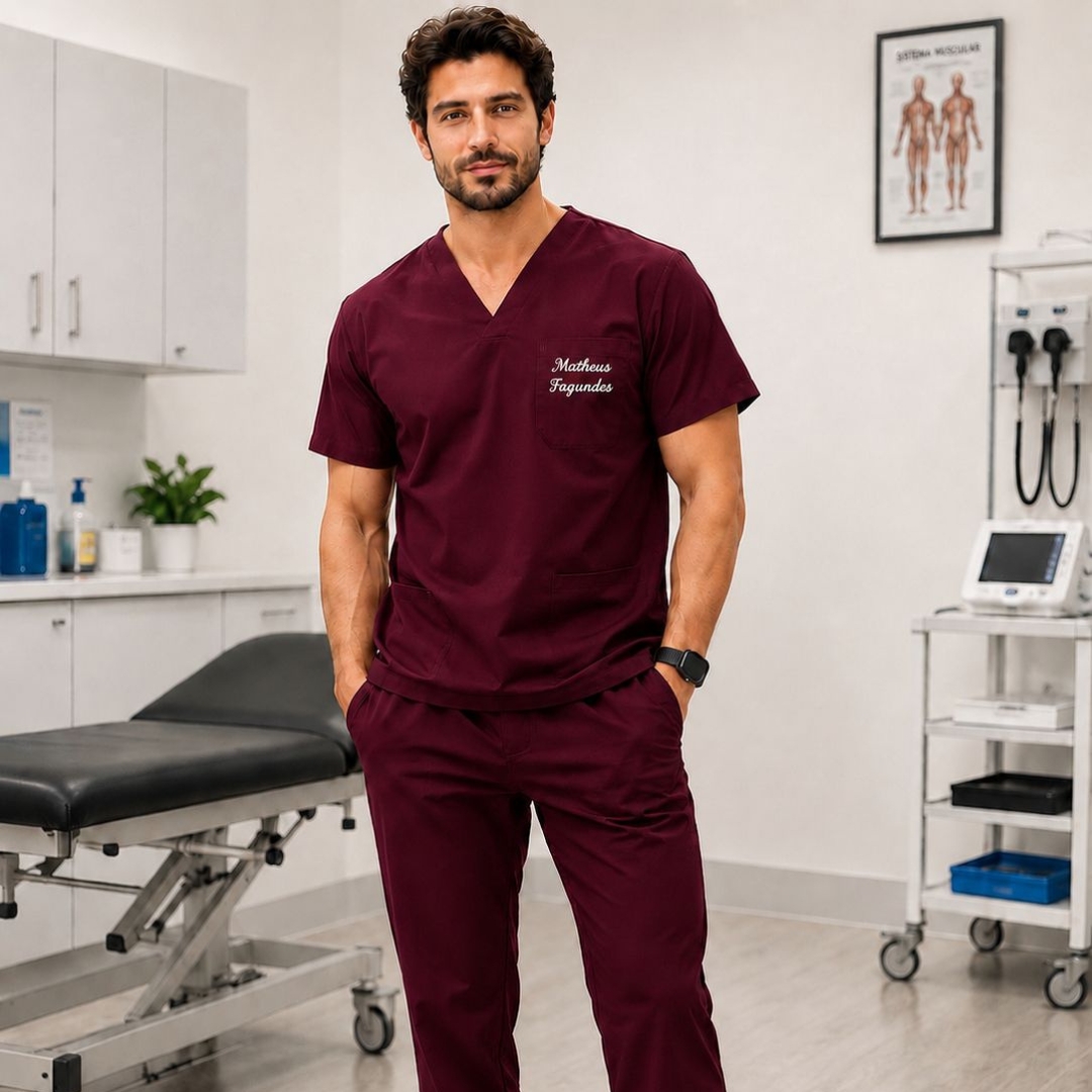 Customizado Scrub - Cor Bordo de Microfibra com Elastano, Unissex